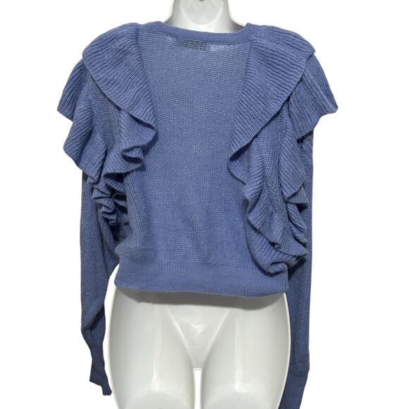 Zara NWOT Ruffled Sweater S Blue Long Sleeves Chunky Knit Crop Pullover Crochet - Picture 5 of 7